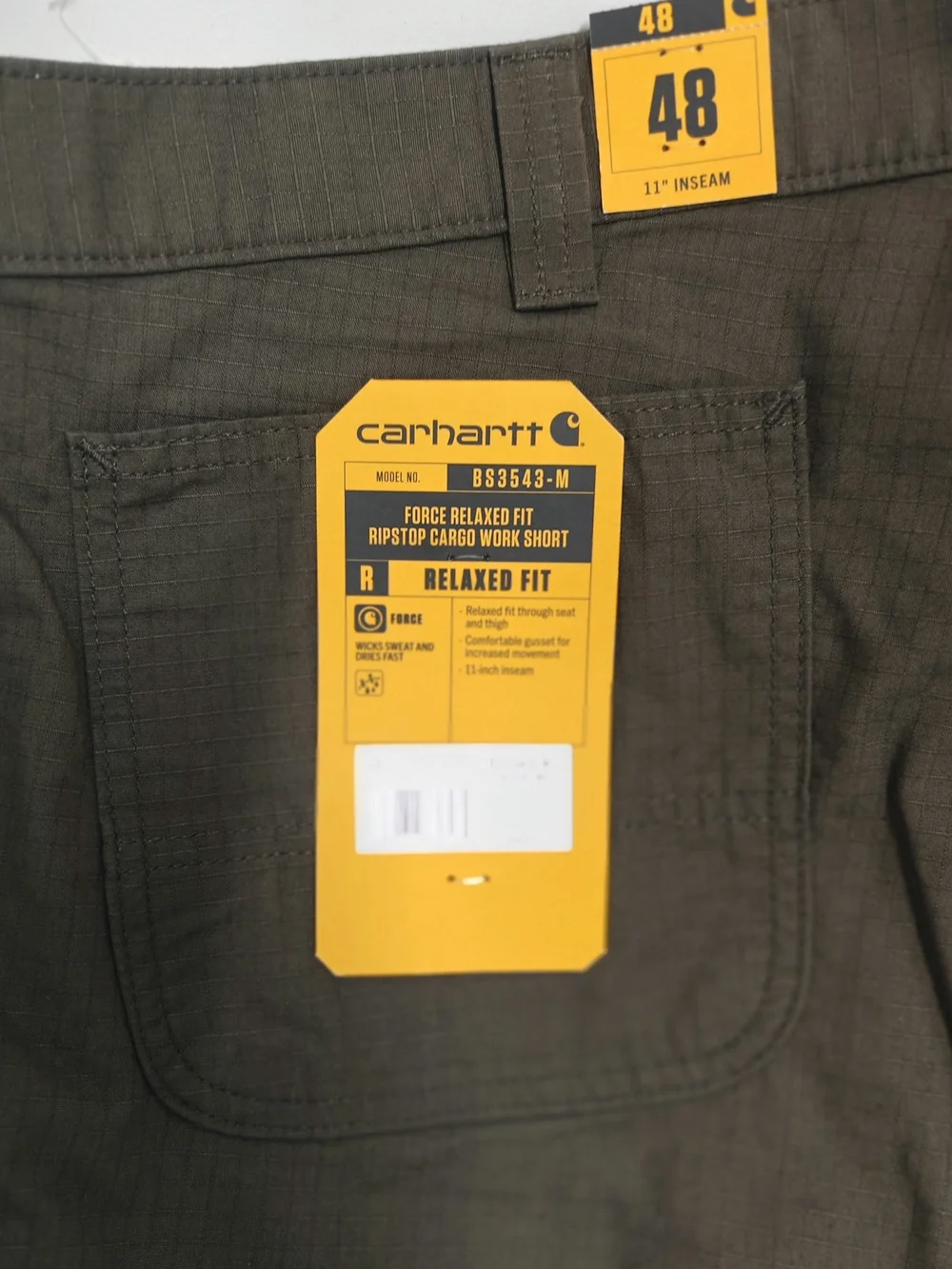 Carhartt Work Shorts Men's 48 Force Relaxed Fit Ripstop Cargo Olive Green